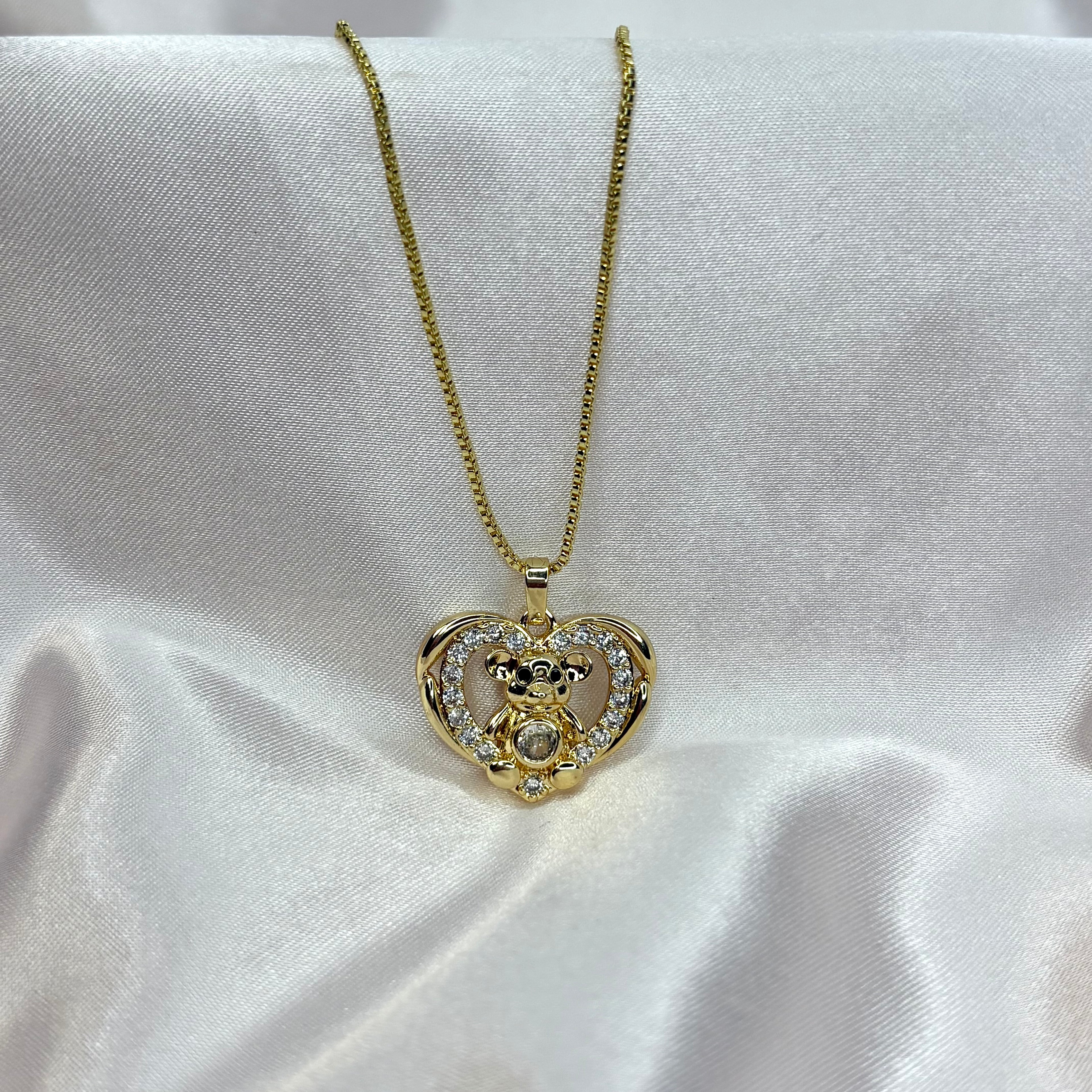 Teddy Bear Diamond Heart Necklace