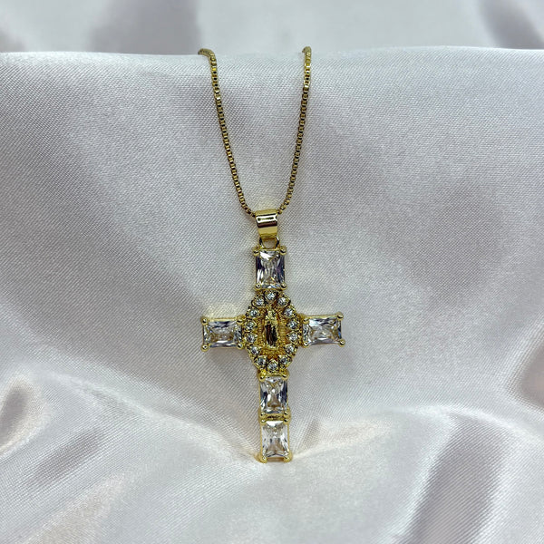 Virgencita White Diamond Cross Necklace