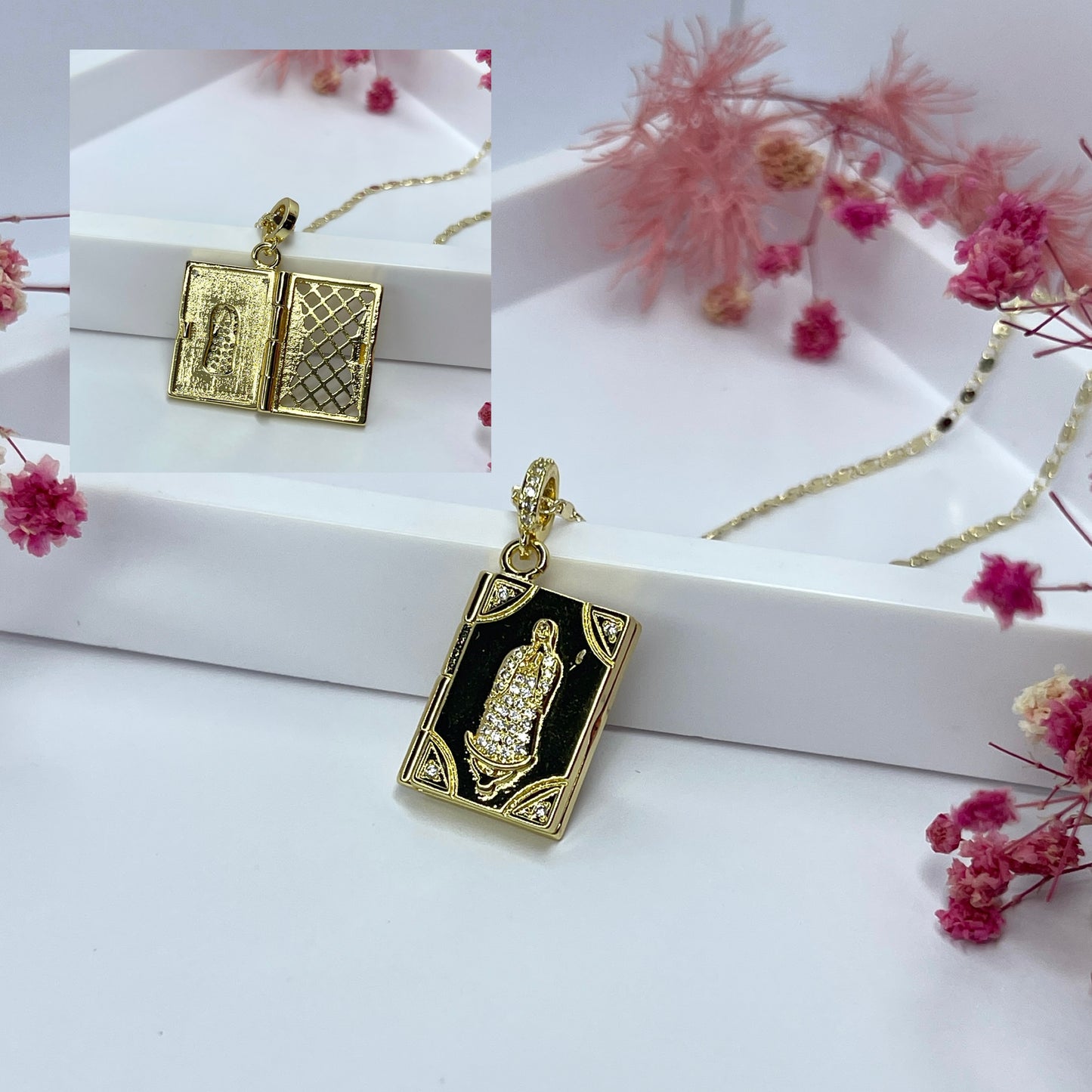 Virgencita Diamond Book Locket Necklace