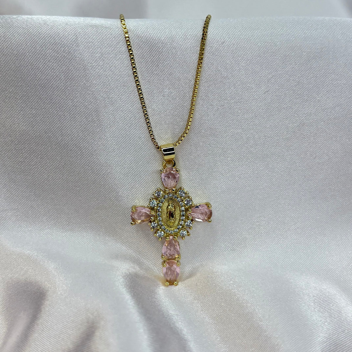 Virgencita Pink Diamond Cross Necklace