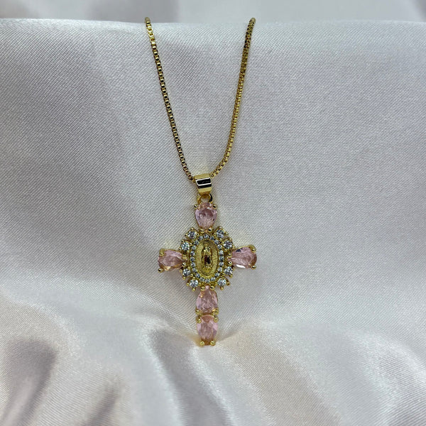 Virgencita Pink Diamond Cross Necklace