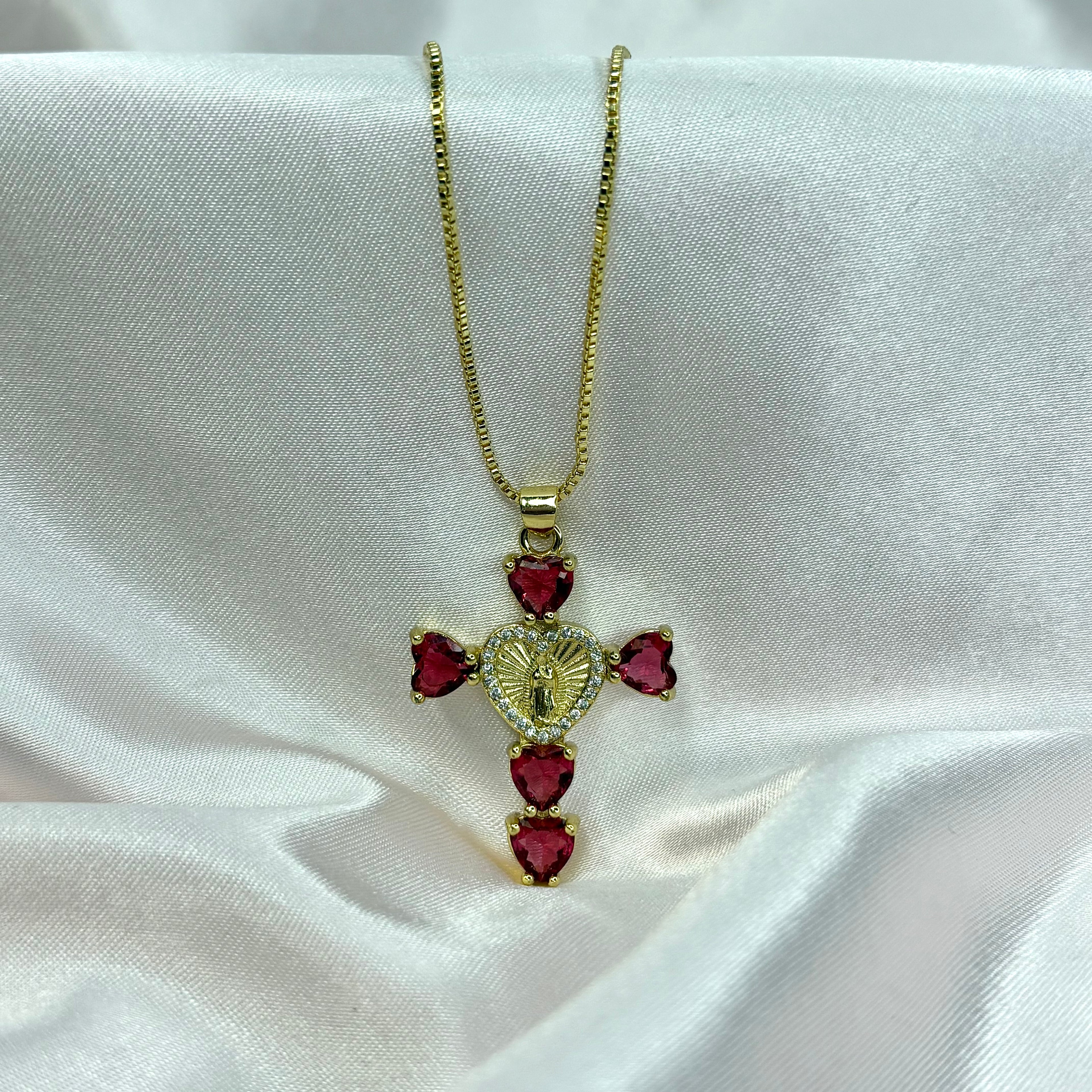 Virgencita Red Diamond Cross Necklace